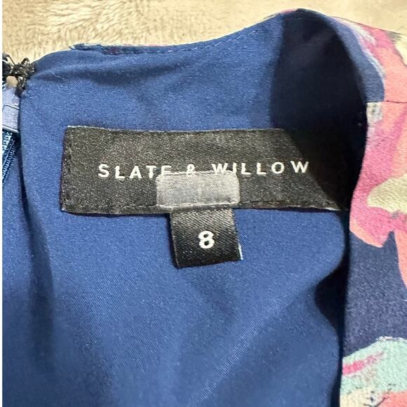 Slate & Willow Mini Dress Women's 8 Blue Silk Mixed Floral Printed Faux Wrap RTR - Picture 7 of 13